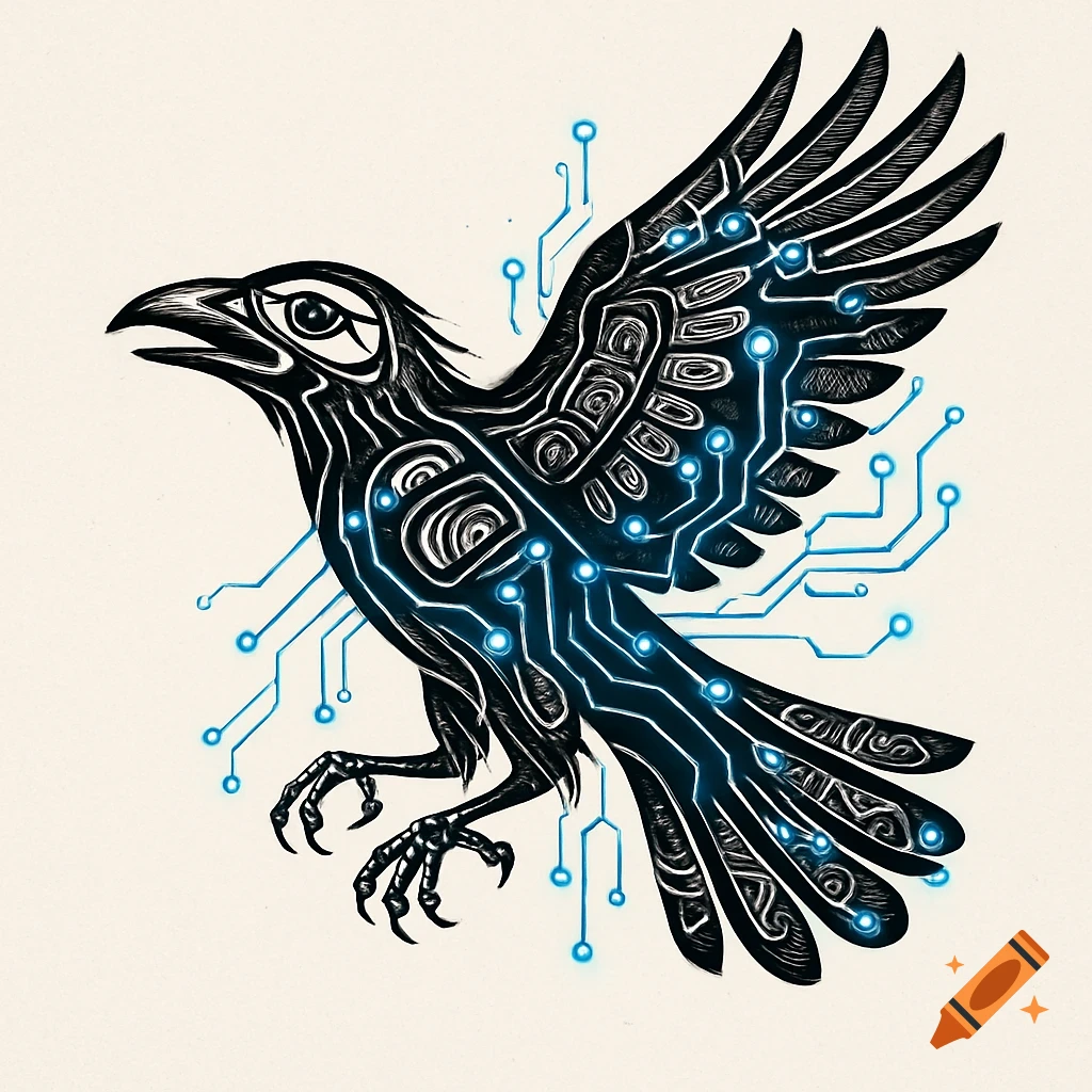 A black raven in Tlingit art style, adorned with glowing blue circuit board patterns against a light background.
