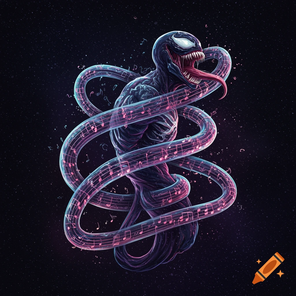 A monstrous, muscular black Venom creature with a gaping mouth and long tongue is entangled in glowing, translucent ribbons adorned with pink musical notes against a starry black background.