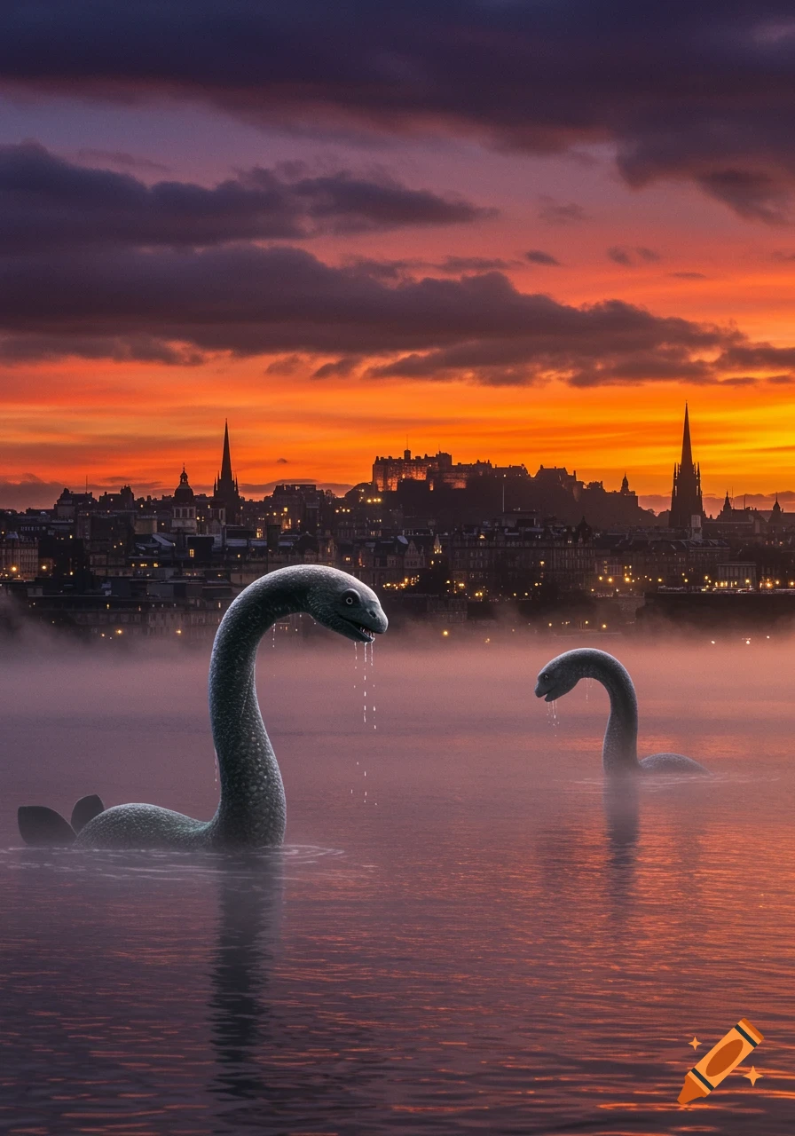 Two Loch Ness monsters in a misty lake at sunset with the Edinburgh skyline in the background, photorealistic style.