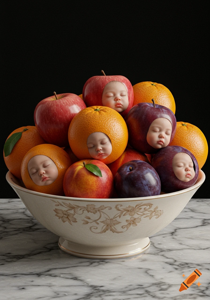 Hyperrealistic still life of a bowl filled with apples, oranges, and plums, each featuring a sleeping baby's face, on a marble countertop.