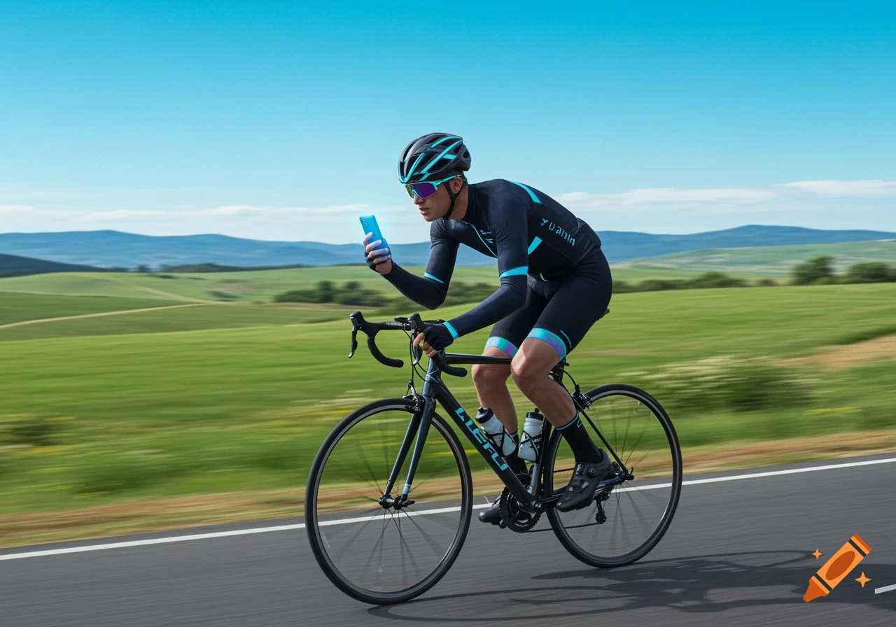 A male cyclist in a black and blue outfit rides a road bike on an asphalt road with green fields and hills in the background, looking at his phone.