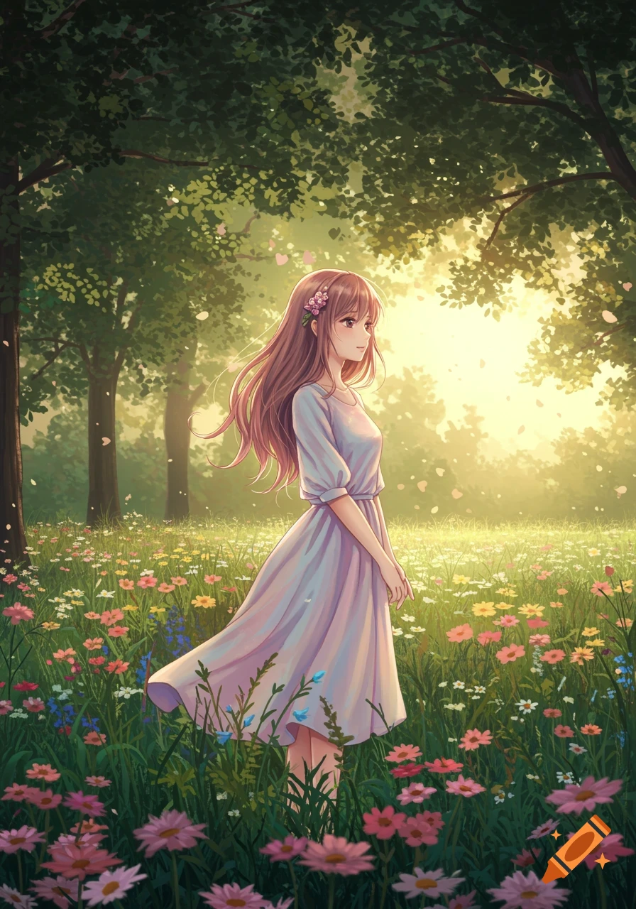 An anime girl stands in a vibrant, sunny meadow filled with colorful flowers under green trees.
