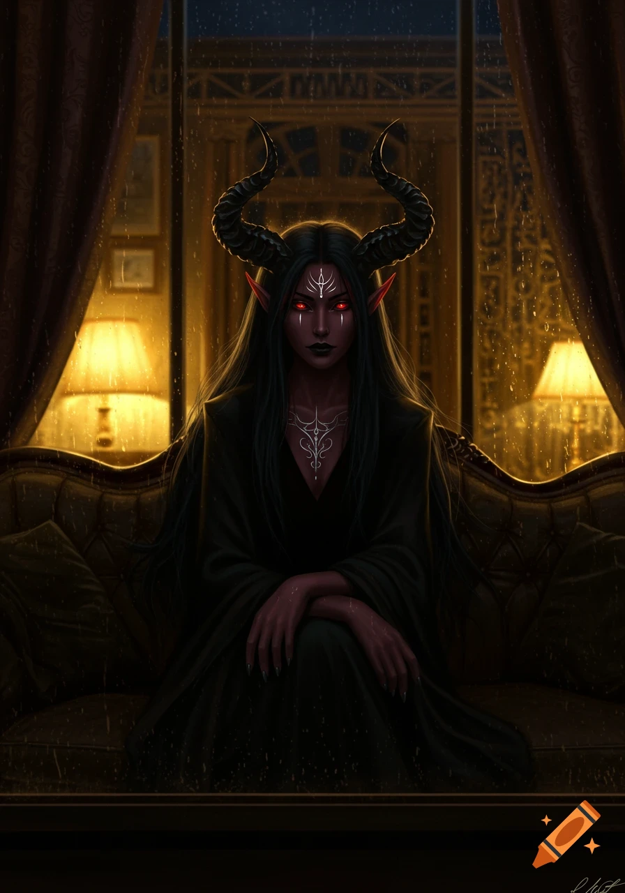 A hyperrealistic dark fantasy portrait of a female demon with horns, red eyes, and black hair, sitting on a couch in a dark room with rain outside a window.