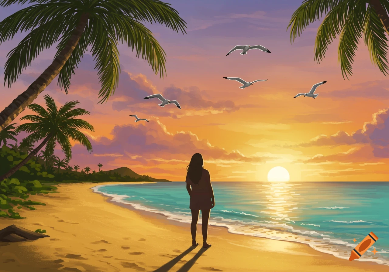 Person standing on a sandy tropical beach watching the sunset over the ocean with palm trees and seagulls.