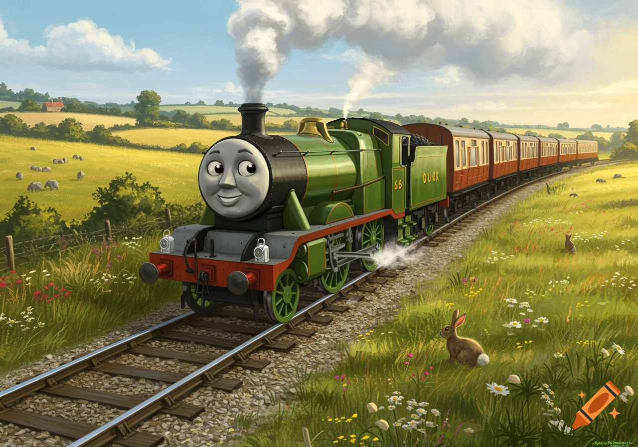 A smiling green cartoon train with red passenger cars travels on tracks through a sunny, green countryside with sheep and rabbits.