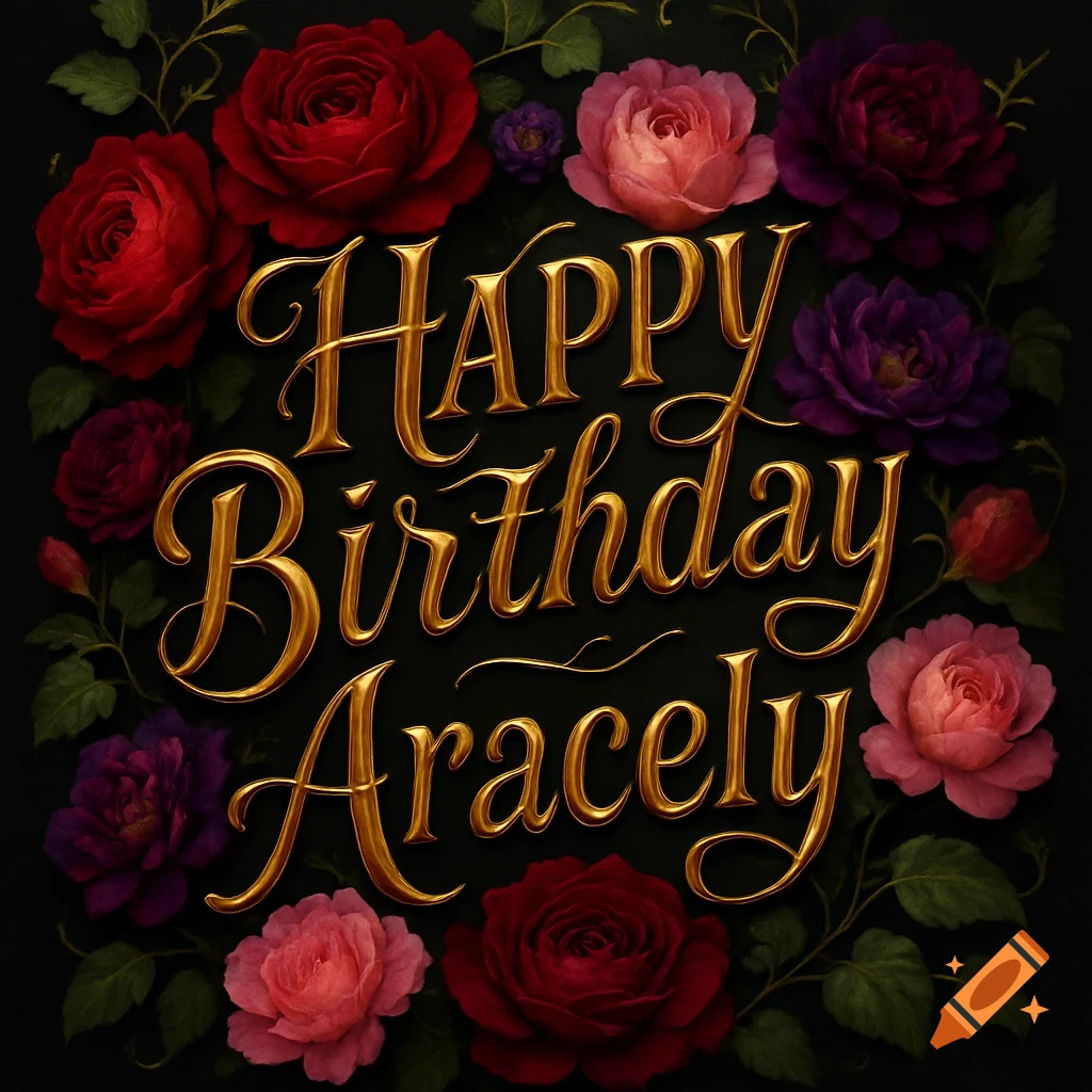 Golden "Happy Birthday Aracely" text in a decorative font, surrounded by red, pink, and purple roses and green foliage on a dark background.