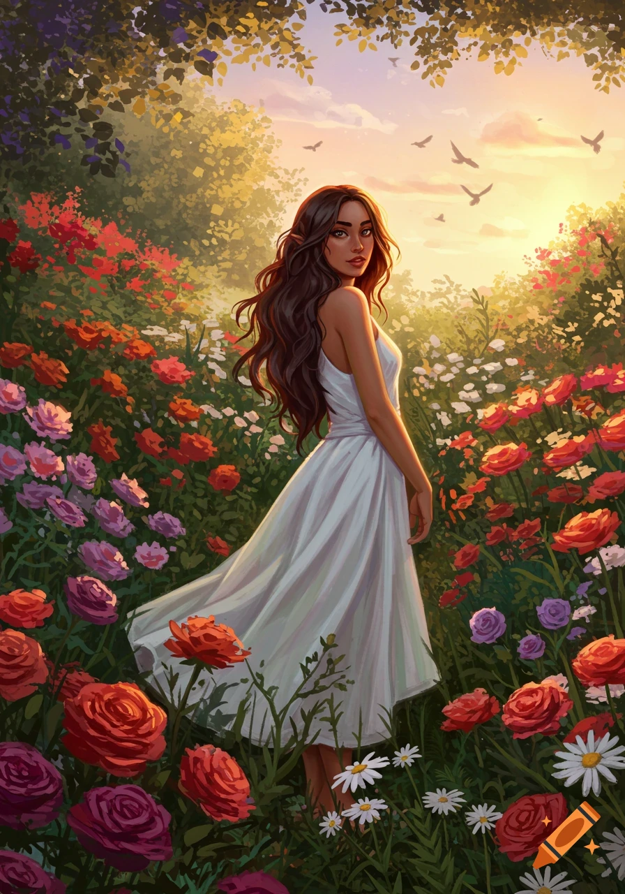 A woman with long dark hair and pointy ears stands in a vibrant field of red, pink, and white flowers at sunset. Digital painting.