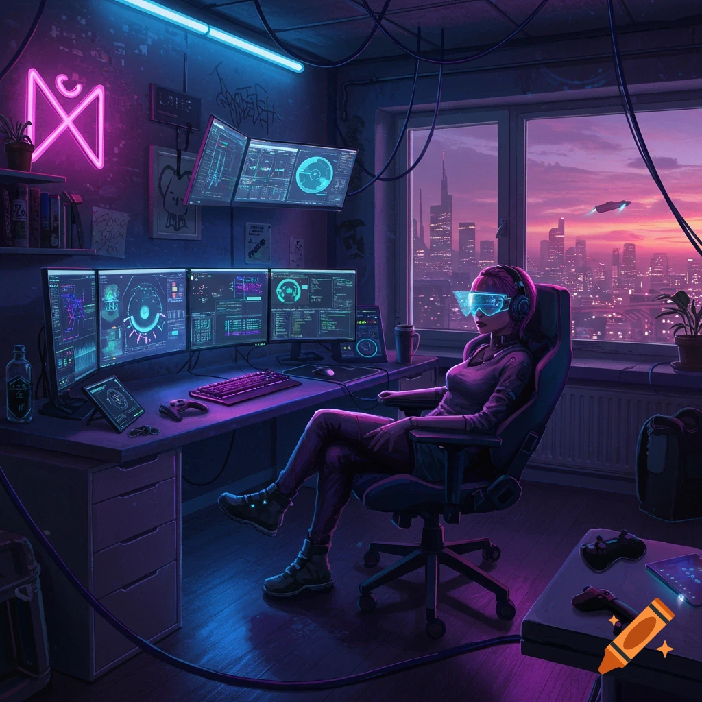 A woman in a cyberpunk room with multiple computer monitors, wearing futuristic glasses and headphones, overlooking a neon-lit cityscape at dusk. Stylized illustration.