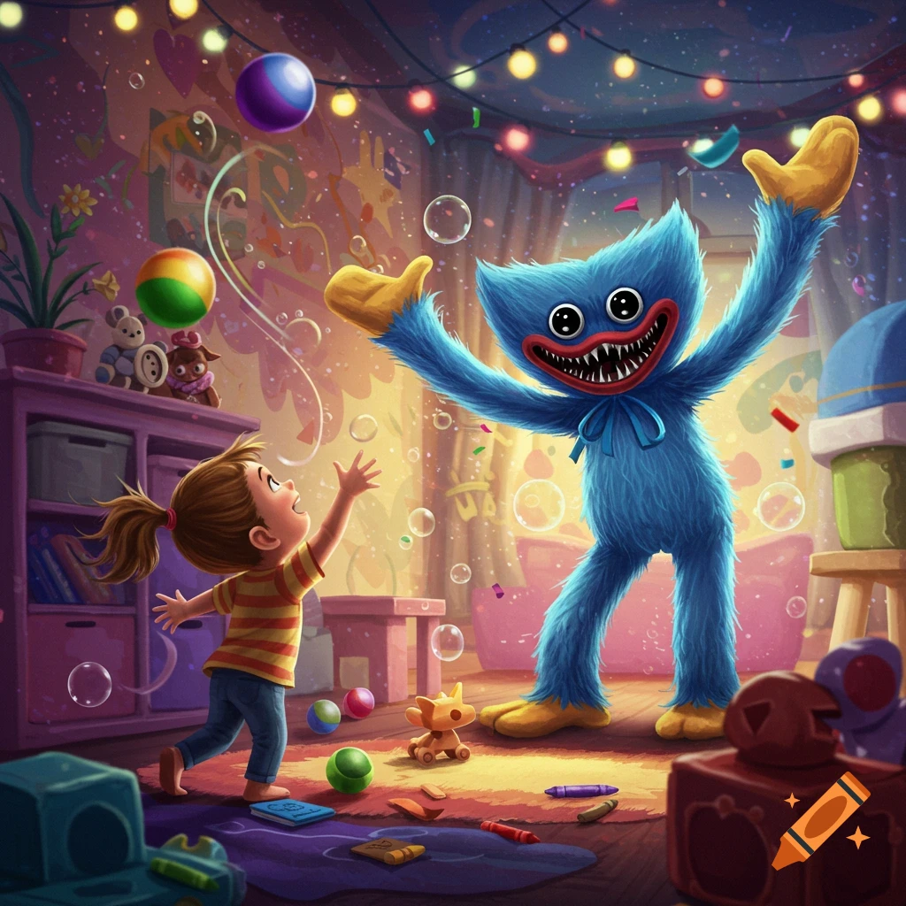 A blue furry monster, Huggy Wuggy, stands in a colorful room filled with toys and bubbles, with a small child looking up at it.