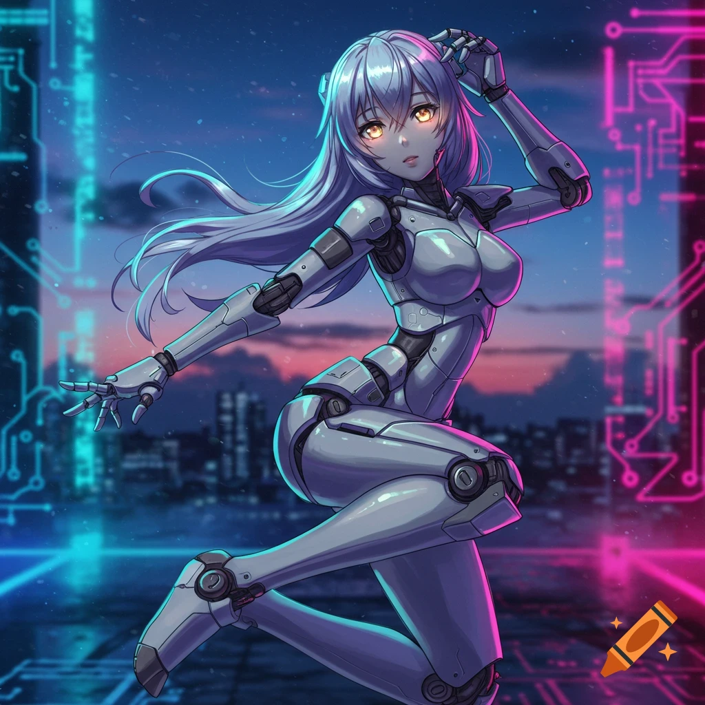 Anime-style robot girl in a dynamic pose against a neon cyberpunk city at night.