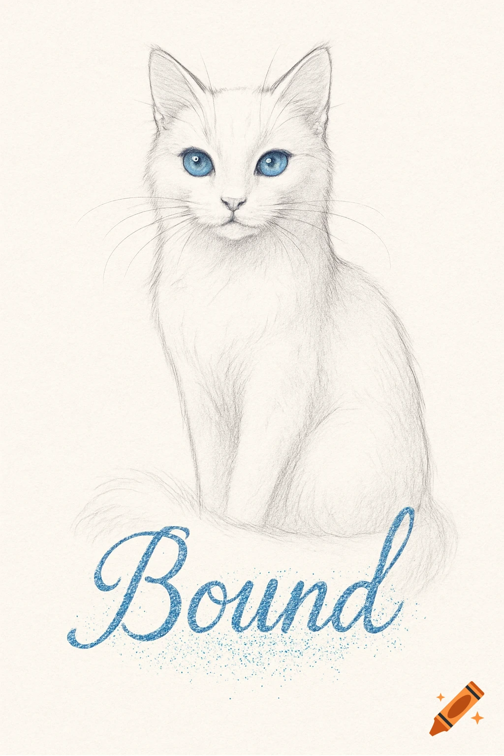 A sketch of a white cat with bright blue eyes, sitting above the glittery blue word "Bound" in a cursive font.