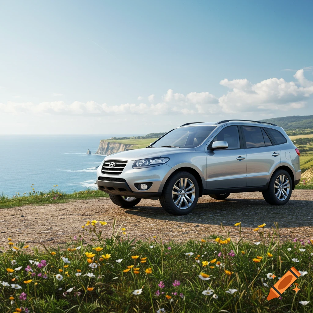 A silver Hyundai Santa Fe SUV parked on a dirt road overlooking ocean cliffs, with wildflowers in the foreground.