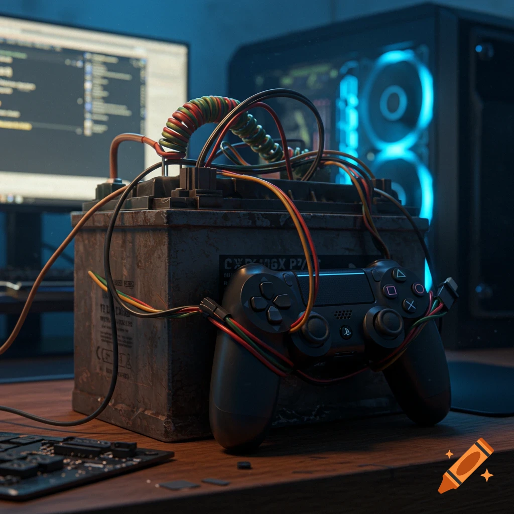 A photorealistic image of a PlayStation controller wired to a large, dirty truck battery, with a glowing PC and monitor in background.