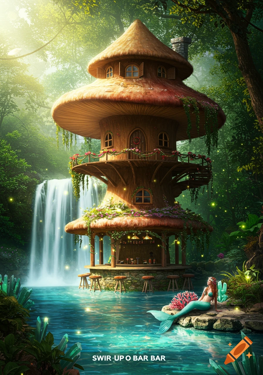 Whimsical mushroom tree house with a swim-up bar, waterfall, and a mermaid sitting by turquoise water in a lush forest.