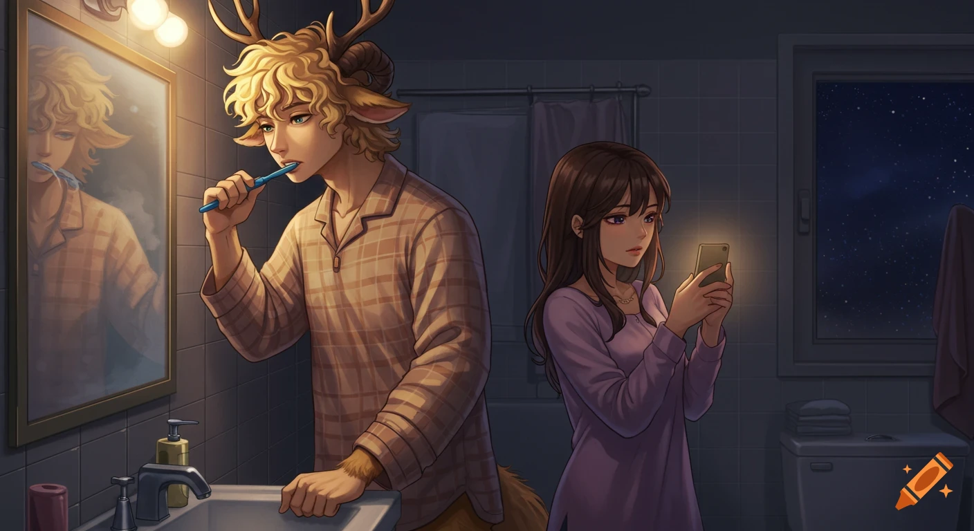 Anime style illustration of a blond satyr brushing his teeth at a sink while a brunette girl stands nearby, looking at her phone in a bathroom at night.