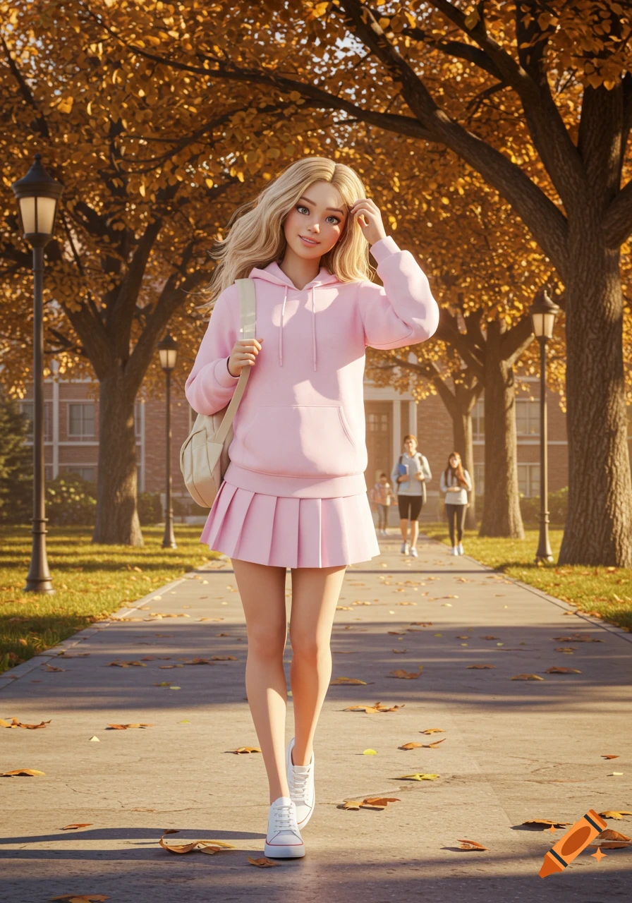A photorealistic 3D render of a blonde girl in a pink hoodie and skirt walking on an autumn path.