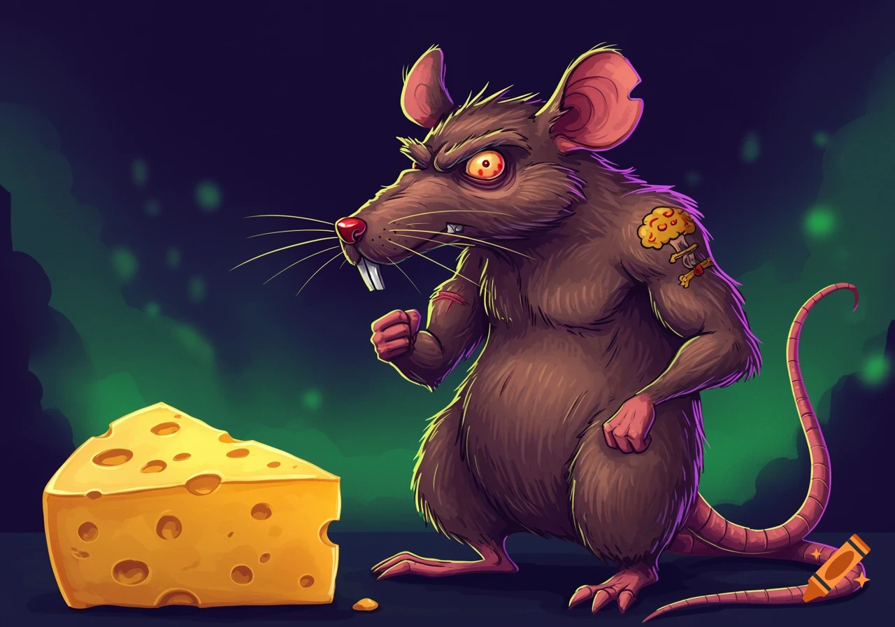 A cartoon rat with an angry expression, scars, and a mushroom cloud tattoo stands over a wedge of cheese.