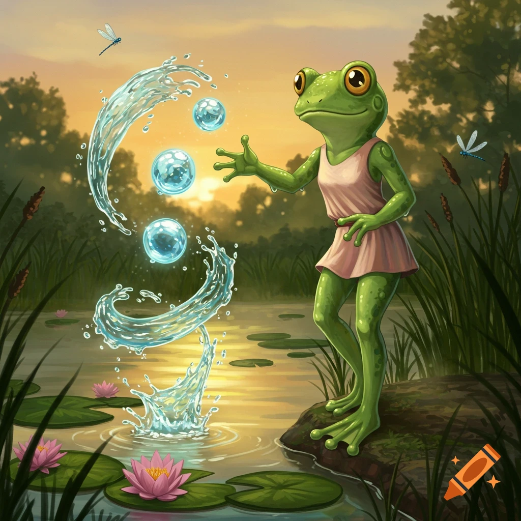 A cartoon frog character wearing a dress stands by a pond at sunset, using water magic to conjure bubbles and splashes.