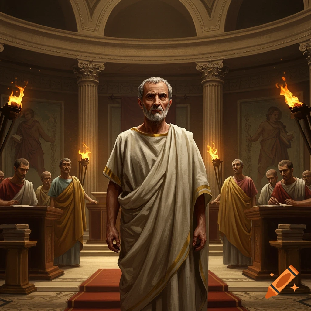An older man in a white toga stands prominently in a grand Roman senate chamber, surrounded by other men and lit by torches.