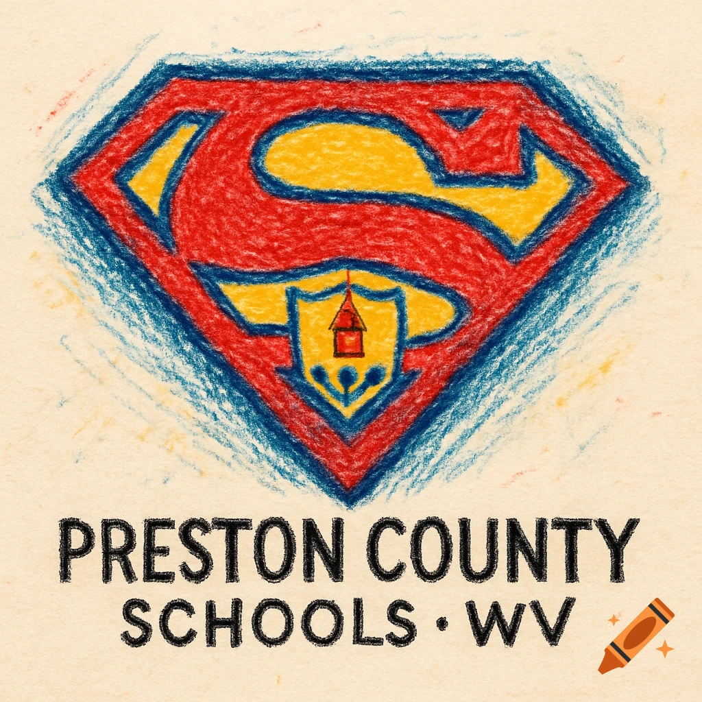 A Superman shield logo merged with a school building icon, drawn in a crayon art style, with 'PRESTON COUNTY SCHOOLS  WV' text below.
