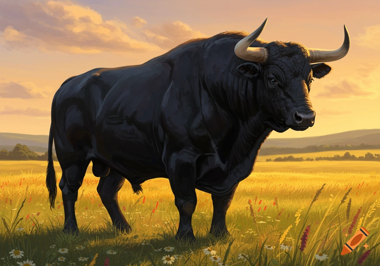 A large black bull stands in a golden field under a cloudy, orange sunset sky in a digital painting.