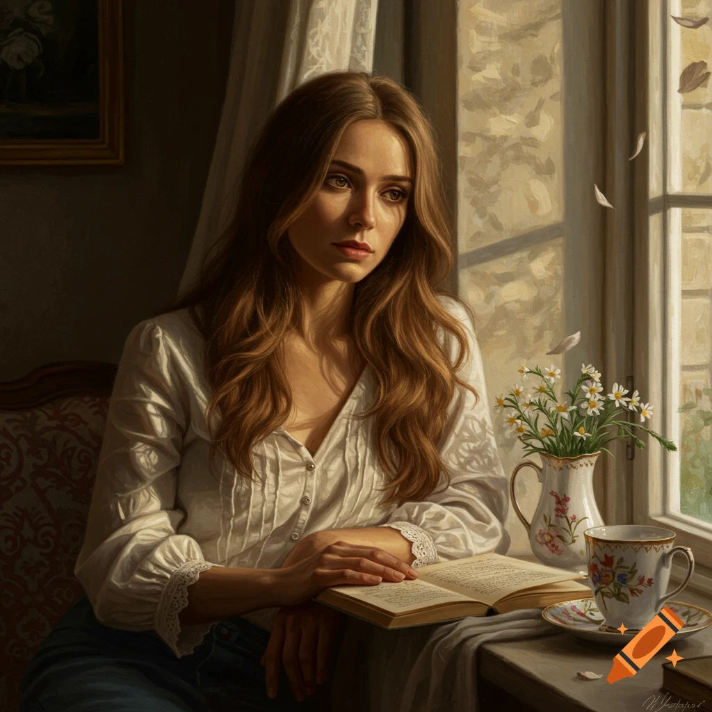 A realistic painting of a woman with long brown hair, wearing a white shirt, sitting by a sunlit window with an open book.