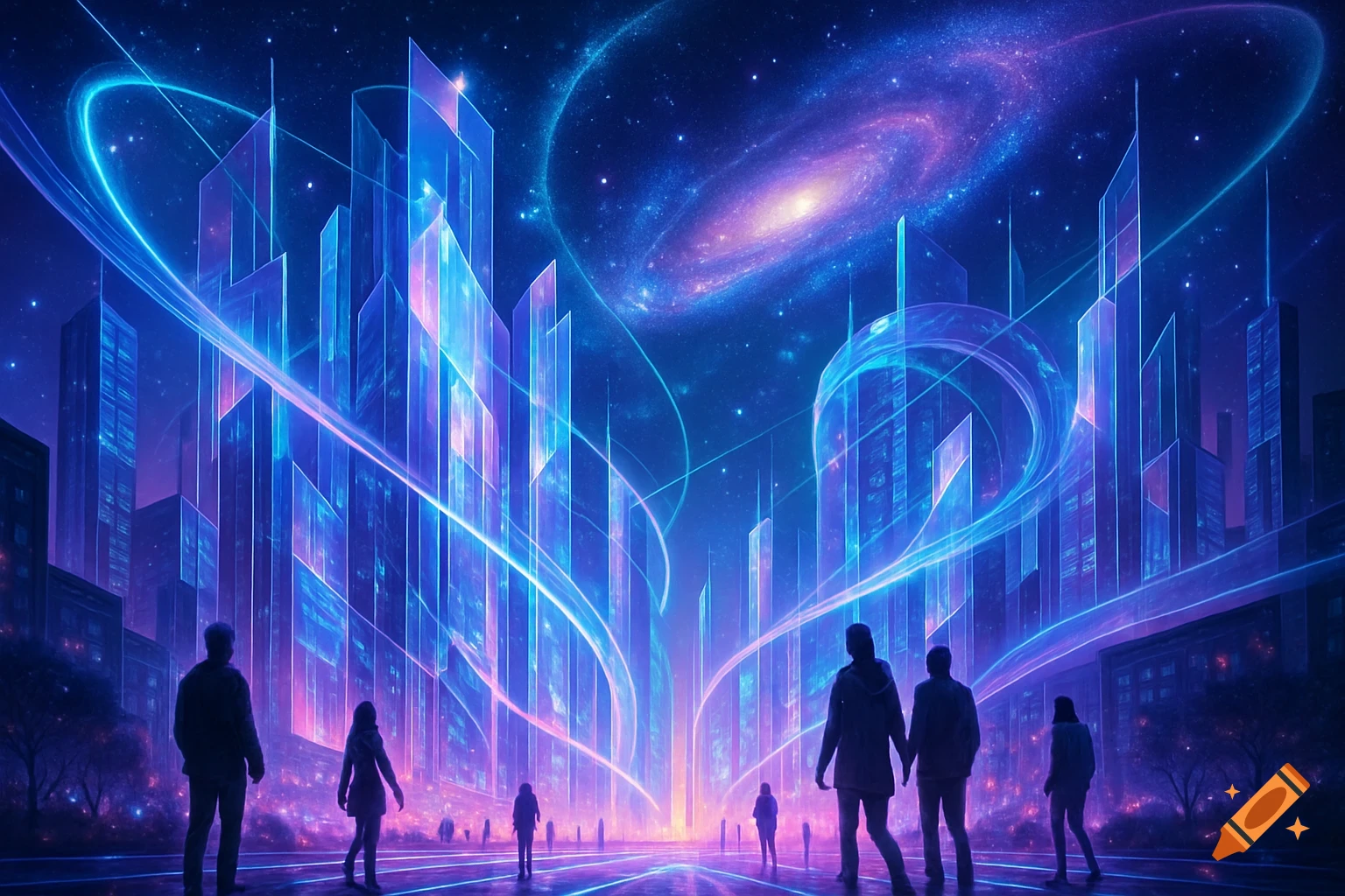 Vibrant futuristic cityscape at night with glowing blue-purple skyscrapers under a starry sky and swirling galaxy, silhouetted people.