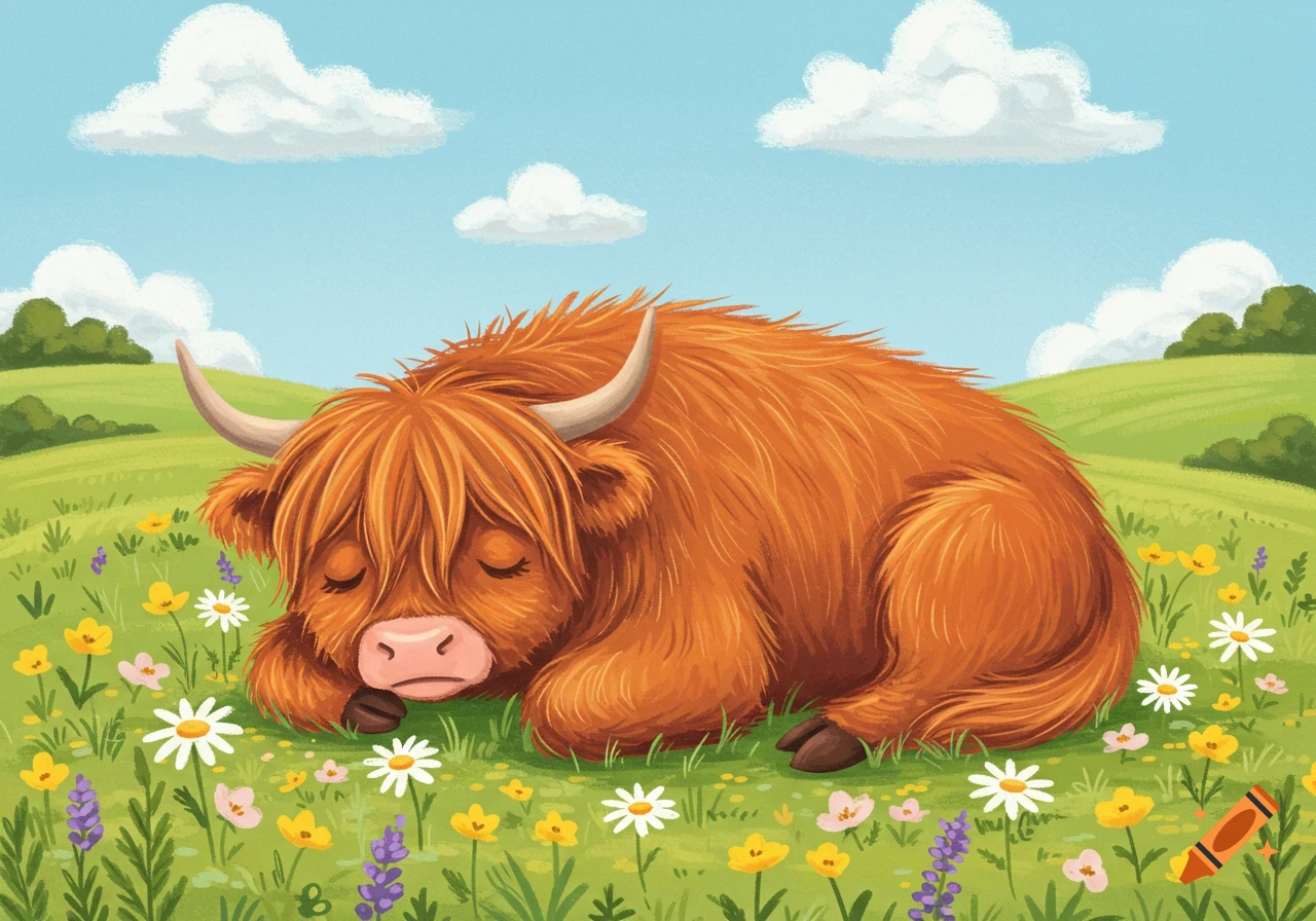 Cartoon illustration of a shaggy orange highland cow sleeping peacefully in a field of colorful wildflowers under a blue sky with fluffy clouds.