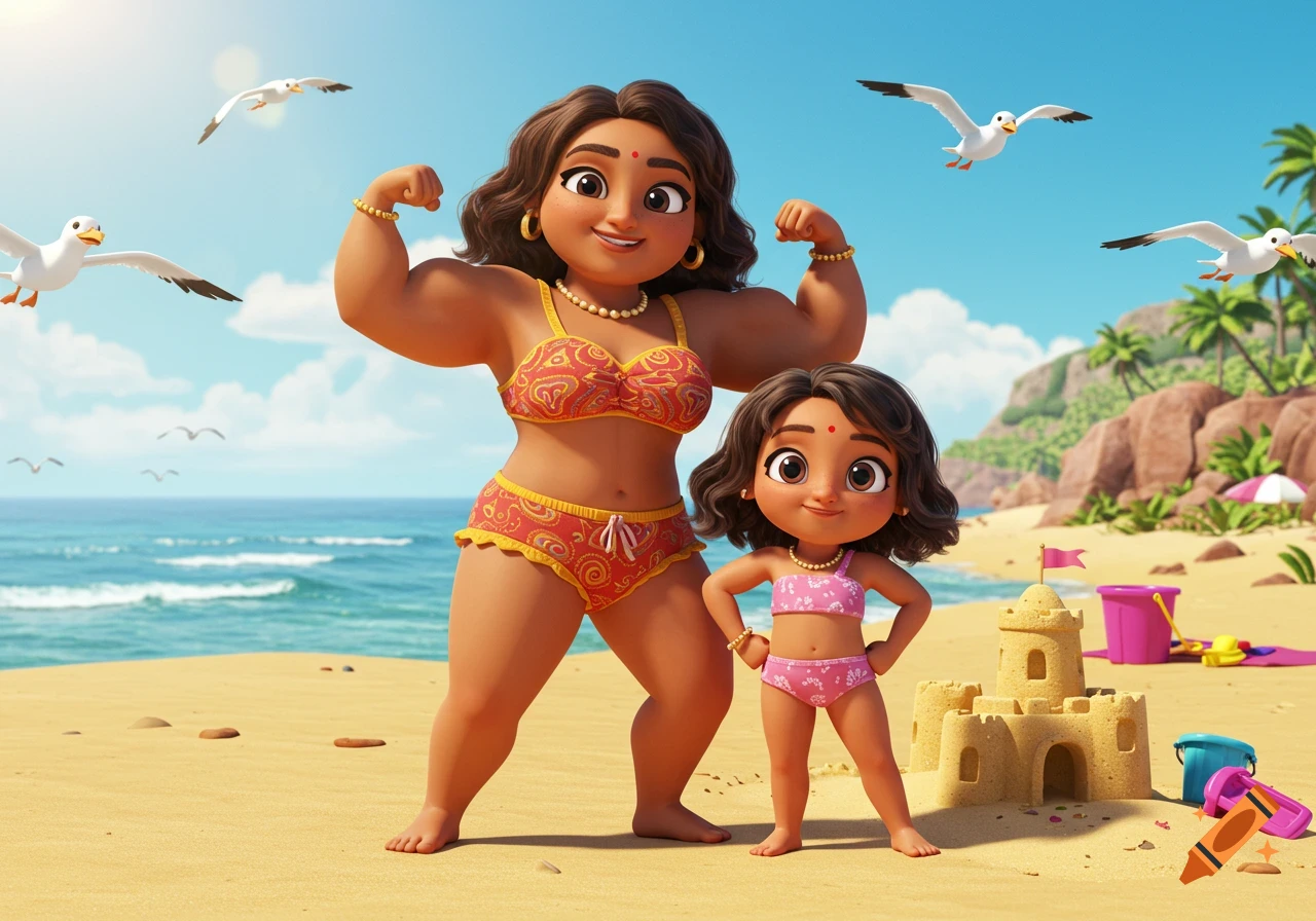 A cartoon mother flexes her muscles next to her daughter on a sunny beach with a sandcastle.