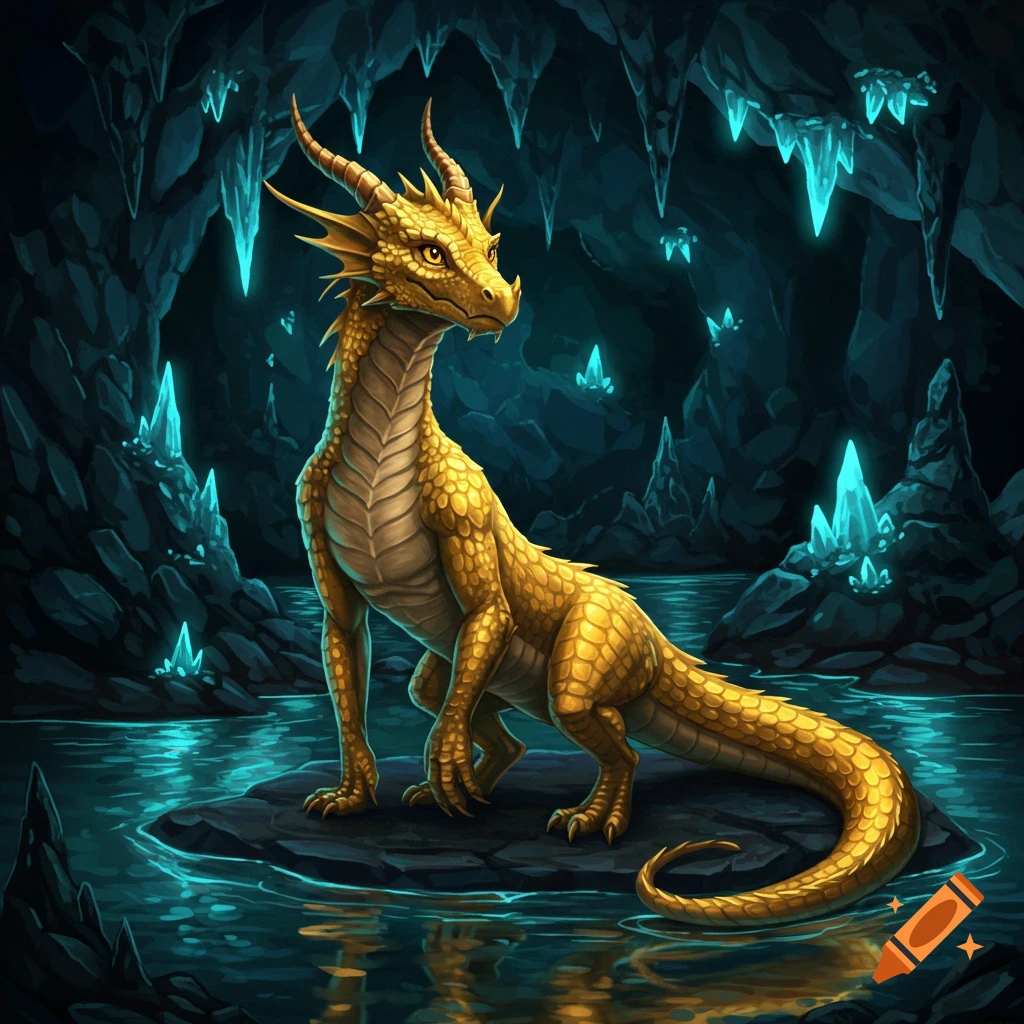 A golden dragon with horns sits on a rock in a dark cave illuminated by glowing blue crystals.