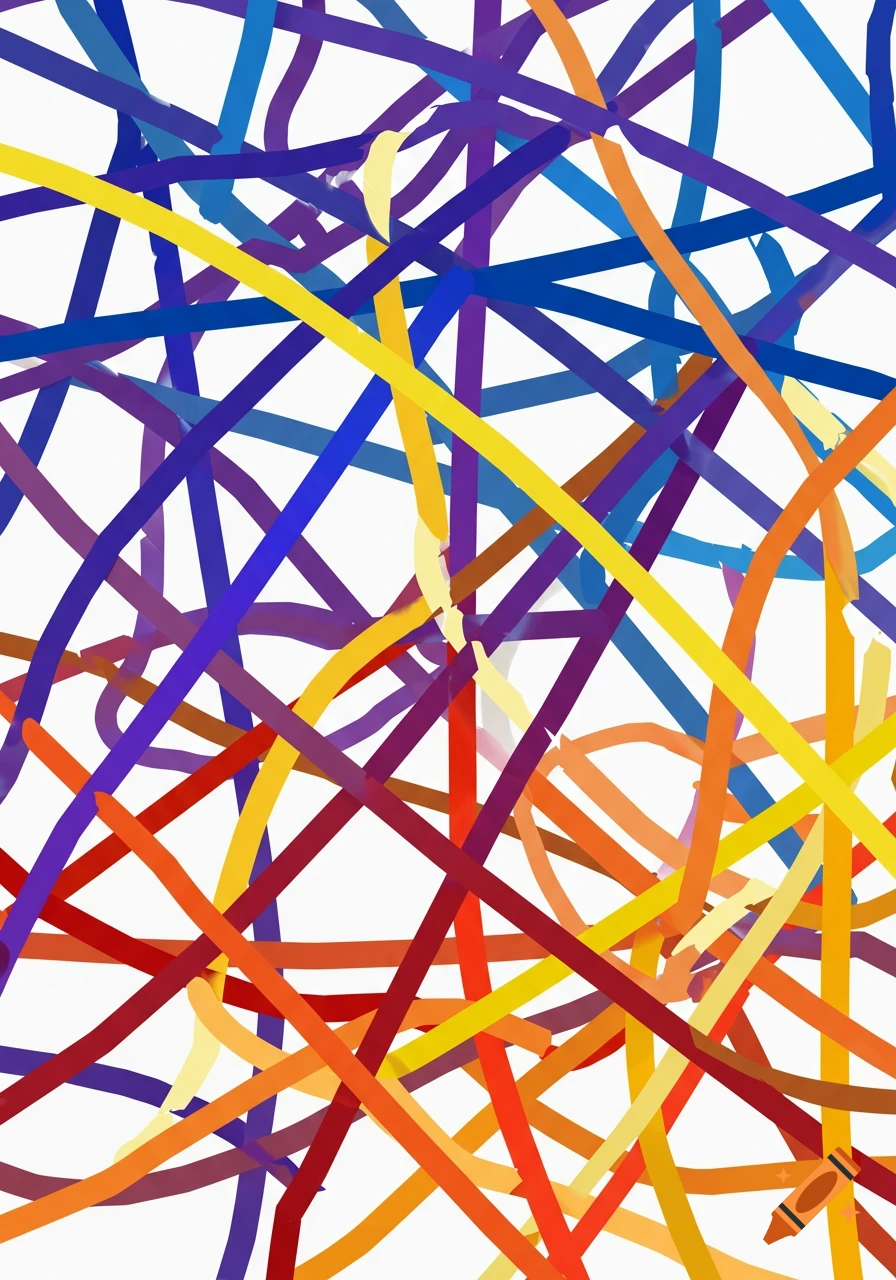 Colorful crisscrossing lines on a white background in an abstract style.