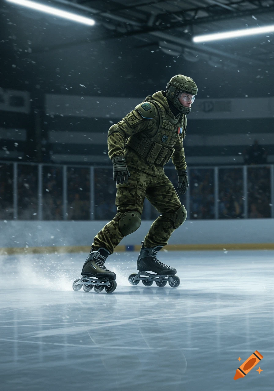 A photorealistic image of a military person in camouflage, rollerblading on an ice rink inside a hockey arena with light snow falling.