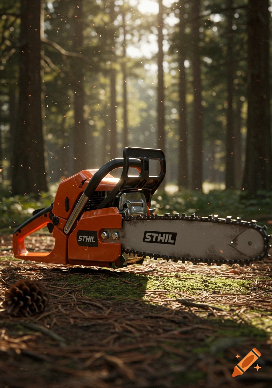 A photorealistic orange chainsaw rests on the forest floor amidst pine needles and moss, bathed in sunlight filtering through trees.