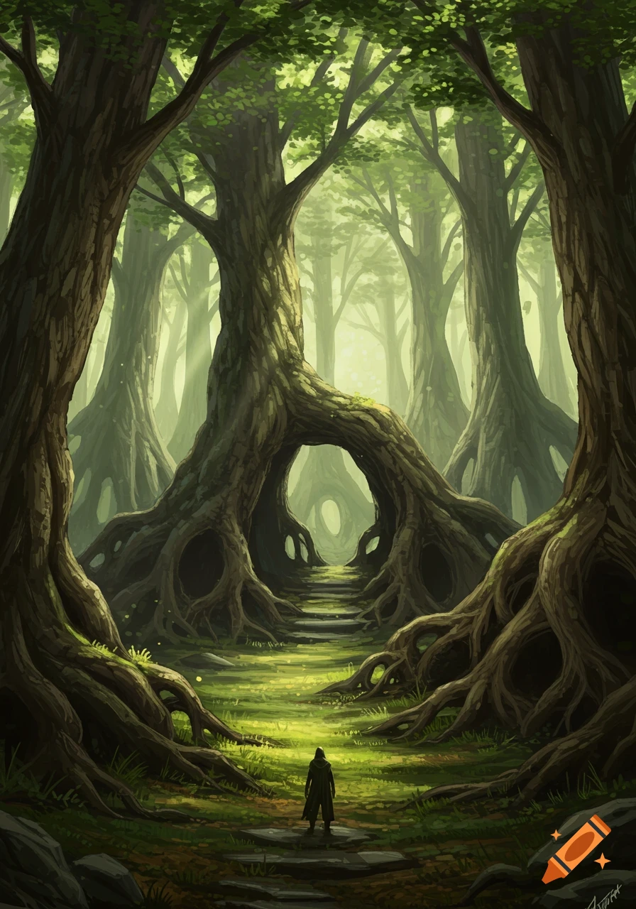 A lone figure stands on a path in a magical, ancient forest with gnarled trees forming natural archways and hollows.