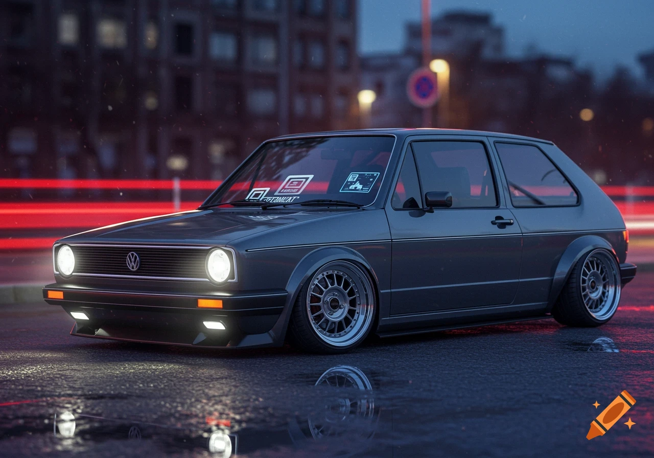 A gray custom Volkswagen Golf Mk1 parked on a wet street at night, illuminated by bright headlights and red light trails in the background.