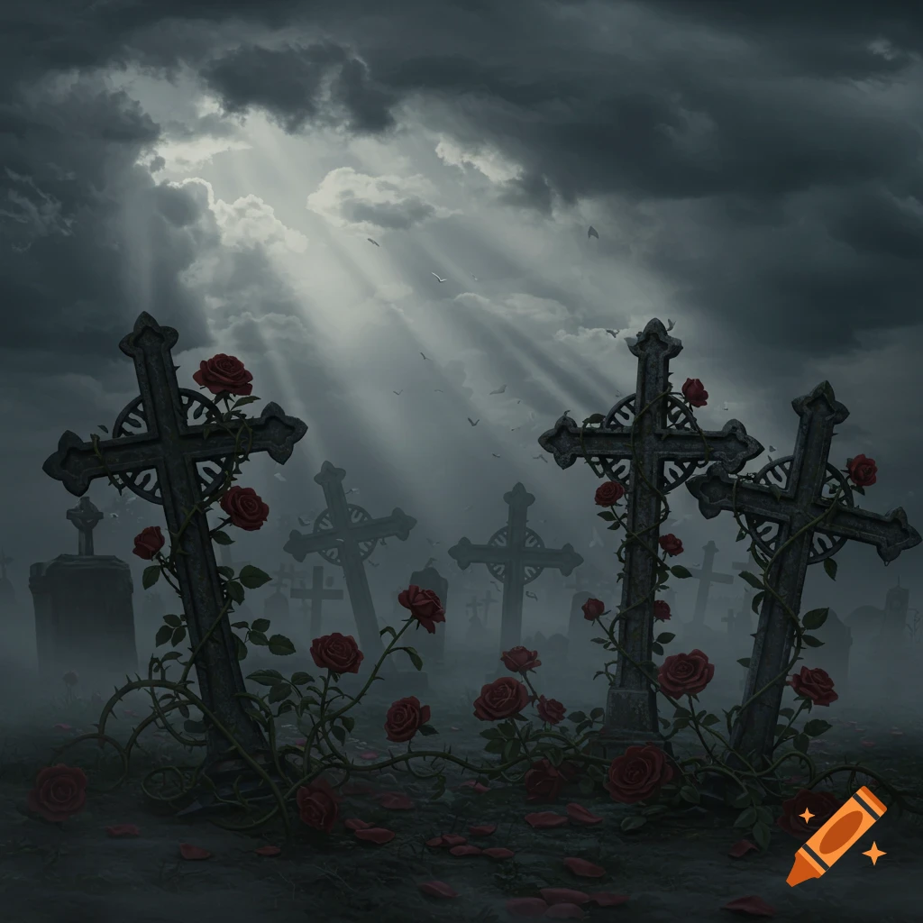 Gothic graveyard scene with stone crosses and red roses under a stormy, cloudy sky with rays of light.