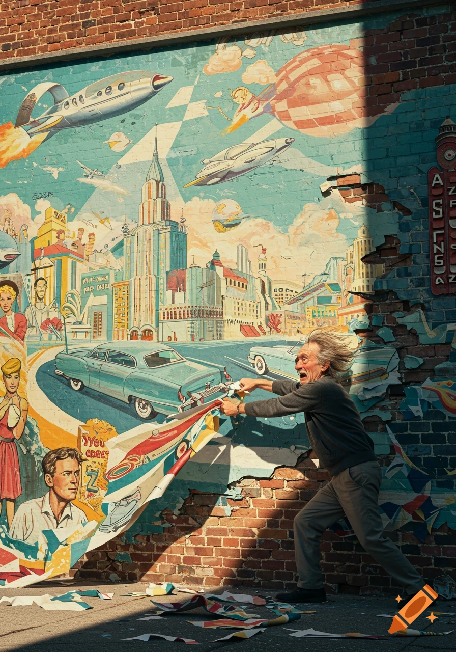 An old man pulls down a large, colorful mural on a brick wall, revealing a 1950s-style retro-futuristic cityscape with flying cars and a classic car.