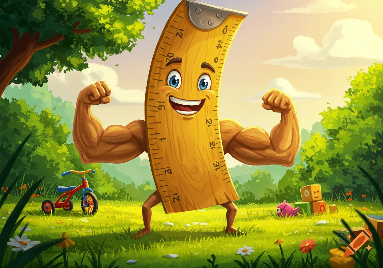 A cartoon muscular yardstick character flexing its biceps in a sunny green field with a red tricycle and building blocks.