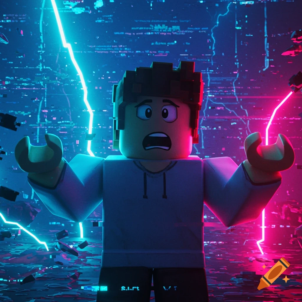 A shocked Roblox character stands in a dark, neon-lit digital world with glowing blue and pink lightning and glitching code.