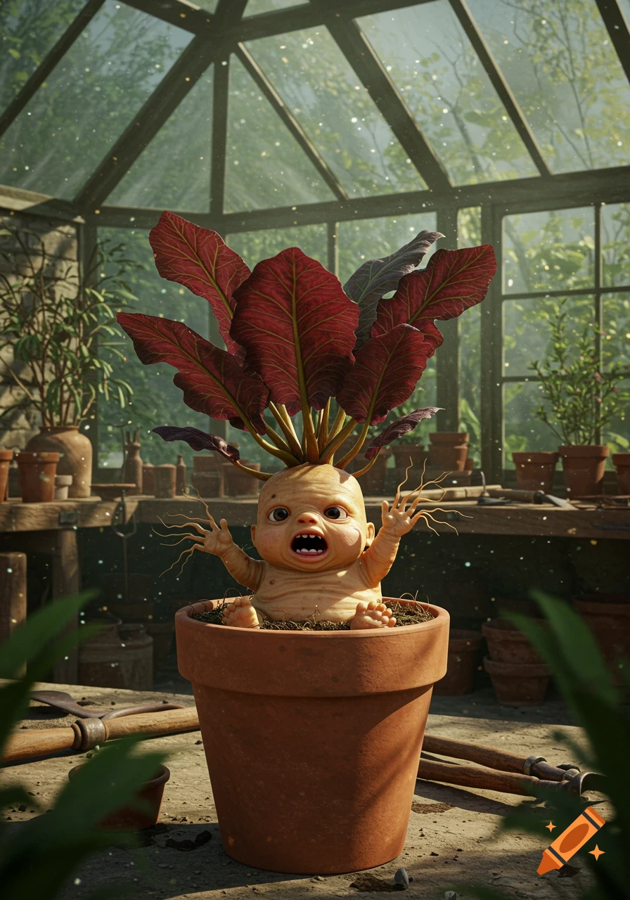 A screaming, baby-like mandrake with red leaves emerging from a terracotta pot in a sunlit greenhouse.