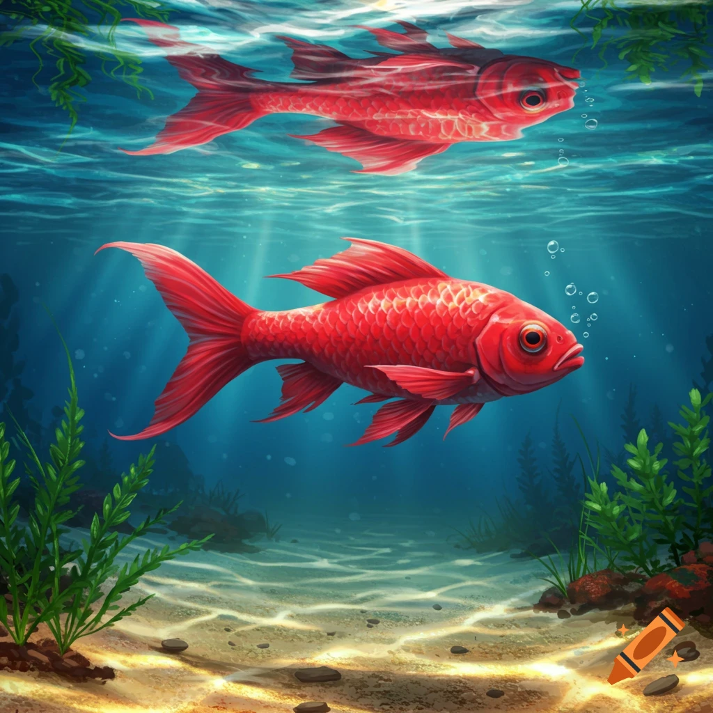 A vibrant red fish swimming underwater, with its reflection above, light rays, bubbles, and green aquatic plants. Digital art.
