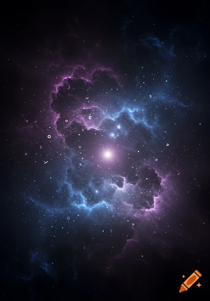 Vibrant blue and purple nebula with scattered stars and a bright center in deep space.