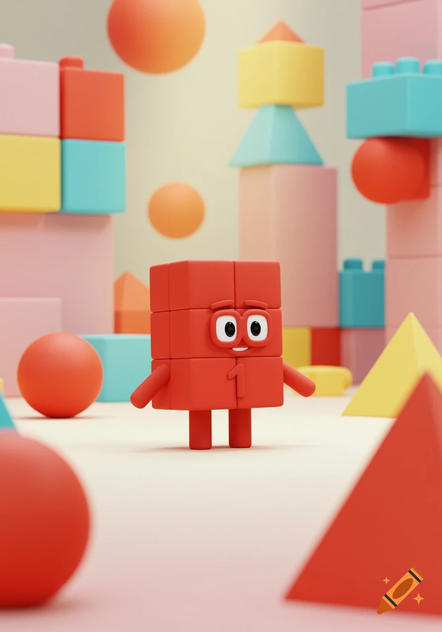 A red NumberBlock 1 character stands among colorful 3D rendered building blocks and geometric shapes.