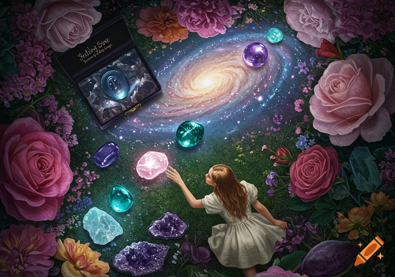 Overhead view of a woman in a white dress reaching for a glowing pink crystal surrounded by flowers, crystals, and a galaxy in a fantasy setting.