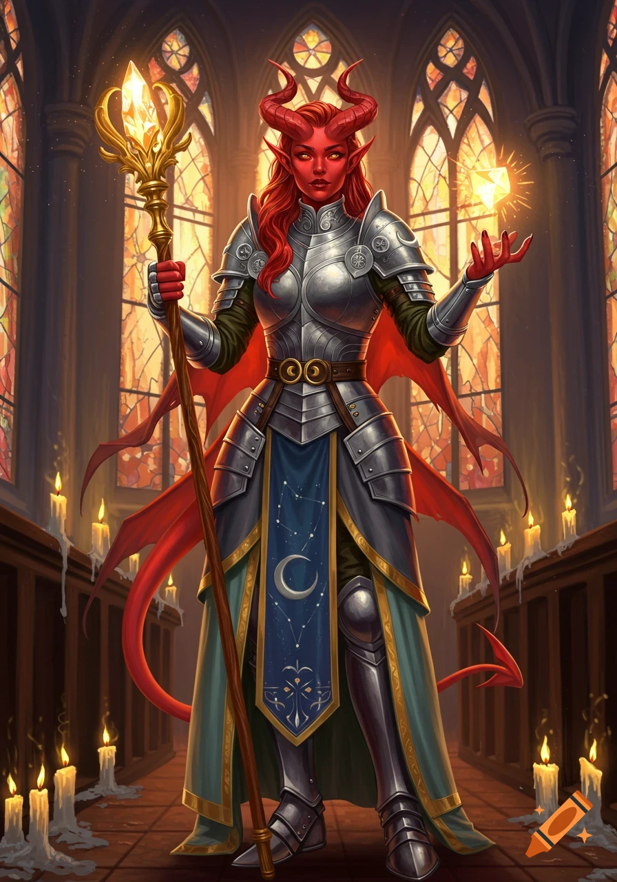 A red-skinned tiefling female cleric in plate armor, holding a glowing staff and orb, stands in a candlelit cathedral with stained-glass windows.