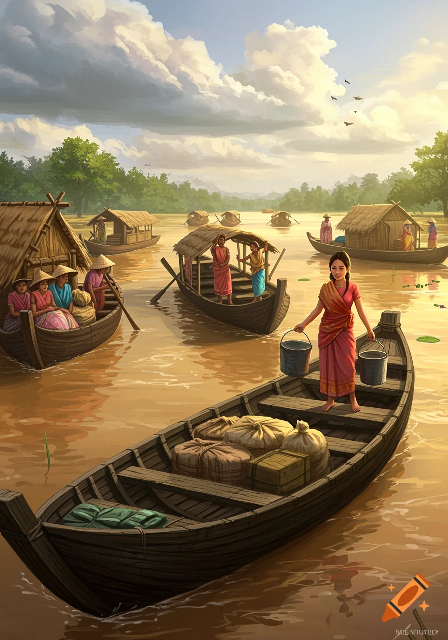 Digital painting of a river market scene with traditional boats and people in local attire under a cloudy sky.