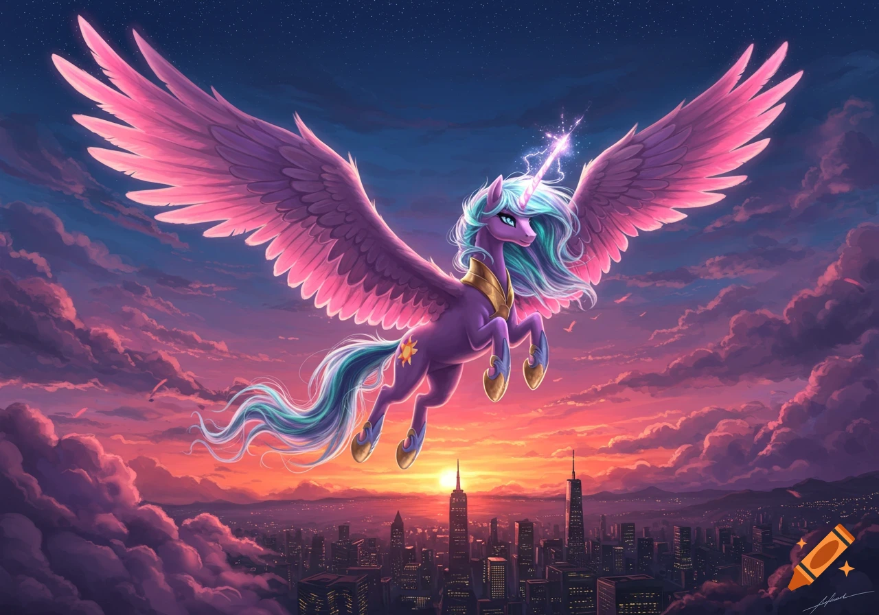 A vibrant alicorn with pink wings and a teal mane flies over a city skyline at sunset.