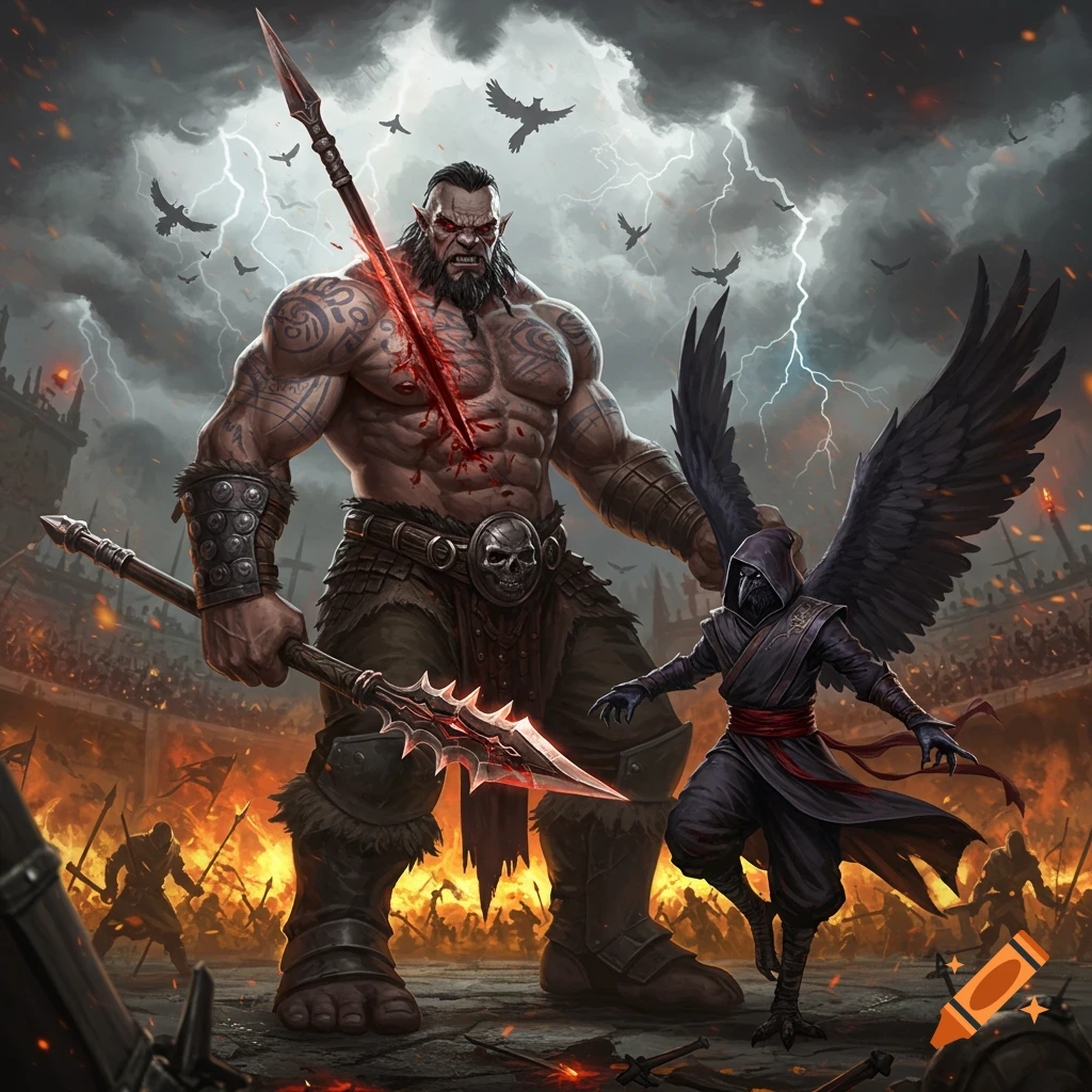 A muscular goliath barbarian with a spear through his chest and a humanoid raven monk stand in a stormy arena battle.