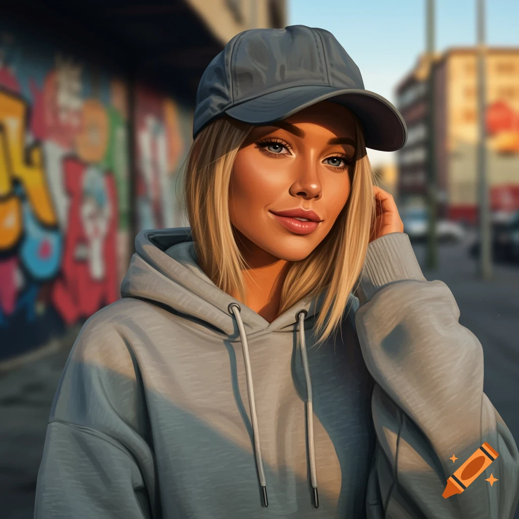 Photorealistic portrait of a blonde woman in a grey hoodie and baseball cap, standing in front of a graffiti-covered wall.