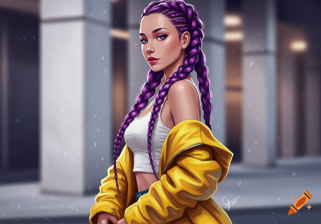 Stylized portrait of a woman with long purple braided hair, white crop top, and unzipped yellow jacket.